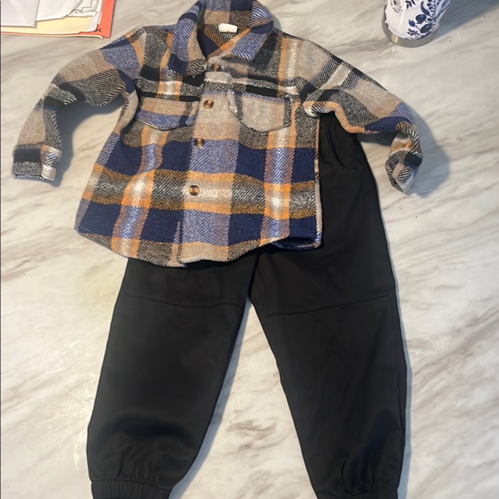 Plaid Flannel Shirt and Black Pants Set